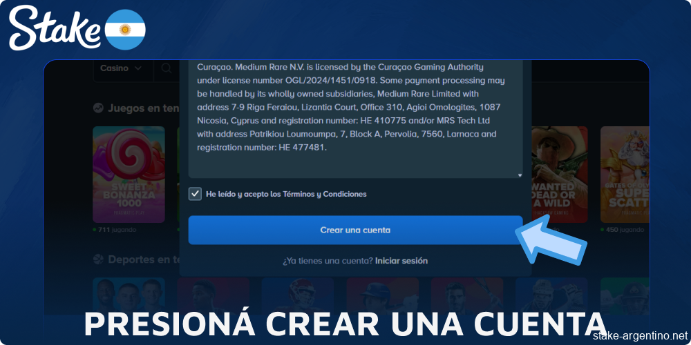Presioná Crear una Cuenta en Stake casino